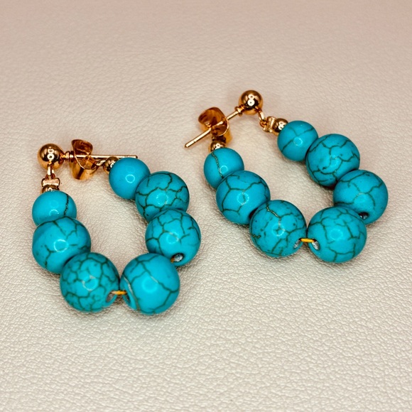 Free People Turquoise Stones Beaded Jacket Design Hoop Earrings - Picture 3 of 5
